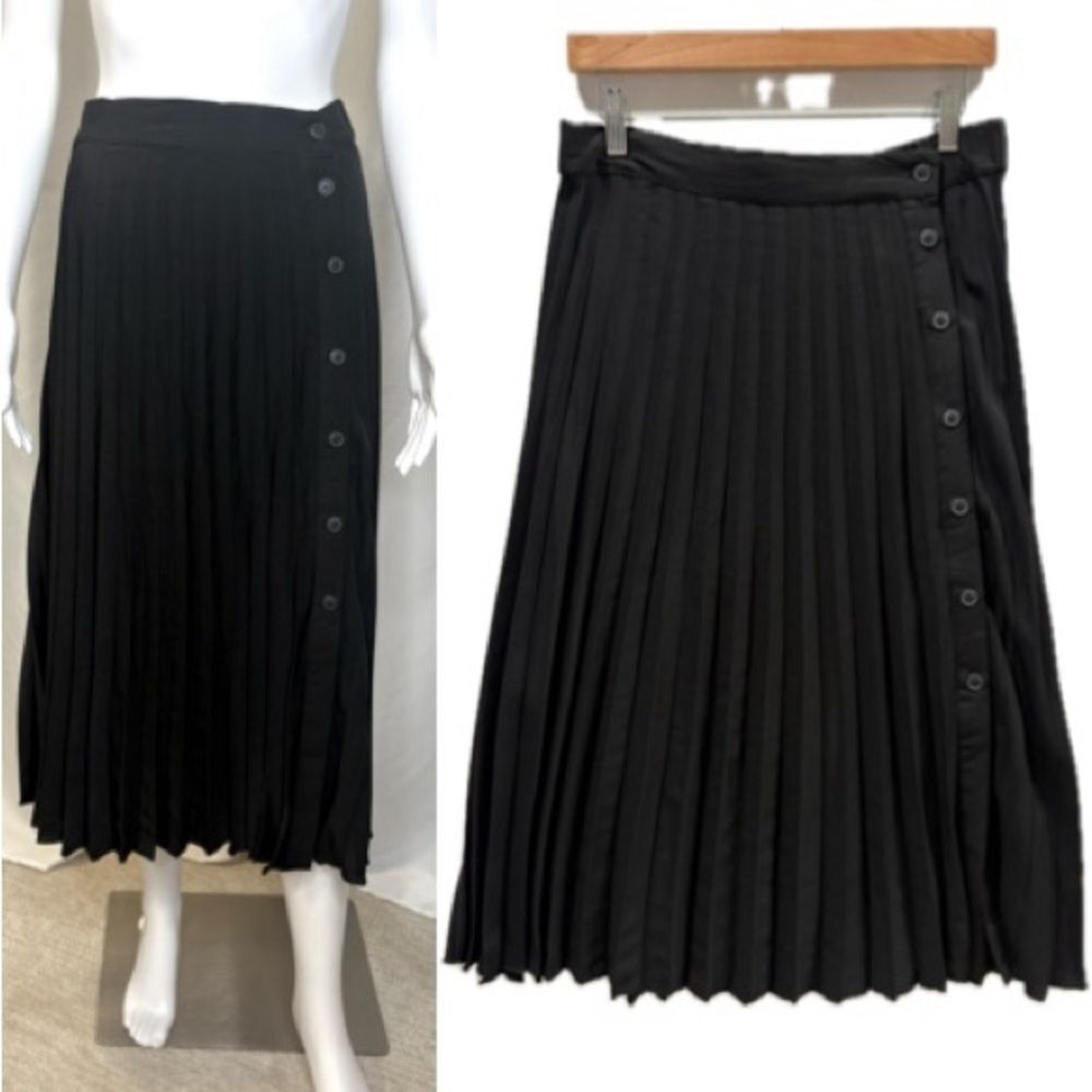 T Tahari Black Accordian Pleated Midi Skirt Womens Size M Faux Button A-Line